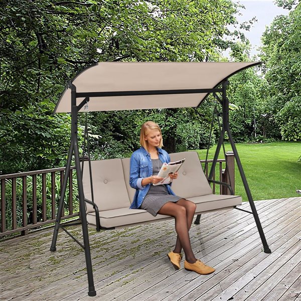 Costway 3-Person Porch Swing w/ Adjustable Canopy and Removable Beige Cushion