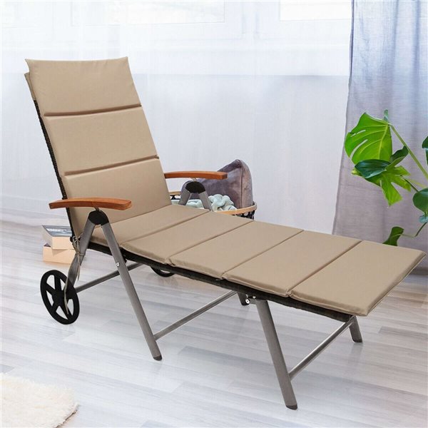 Costway Folding Patio Rattan Cushioned Lounge Chair w/ Adjust Wheel - Beige