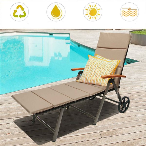 Costway Folding Patio Rattan Cushioned Lounge Chair w/ Adjust Wheel - Beige