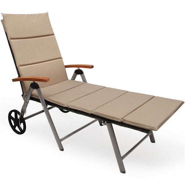 Costway Folding Patio Rattan Cushioned Lounge Chair w/ Adjust Wheel - Beige