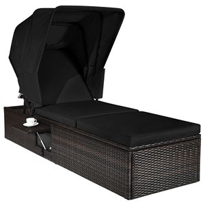 Costway Black Patio Cushioned Rattan Lounge Chair Chaise w/ Top Canopy and Adjustable Tea Table