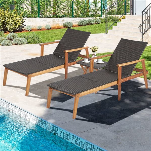 Costway 2-Piece Black Rattan Reclining Lounge Chair w/Folding Table