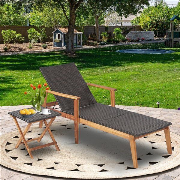 Costway 2-Piece Black Rattan Reclining Lounge Chair w/Folding Table