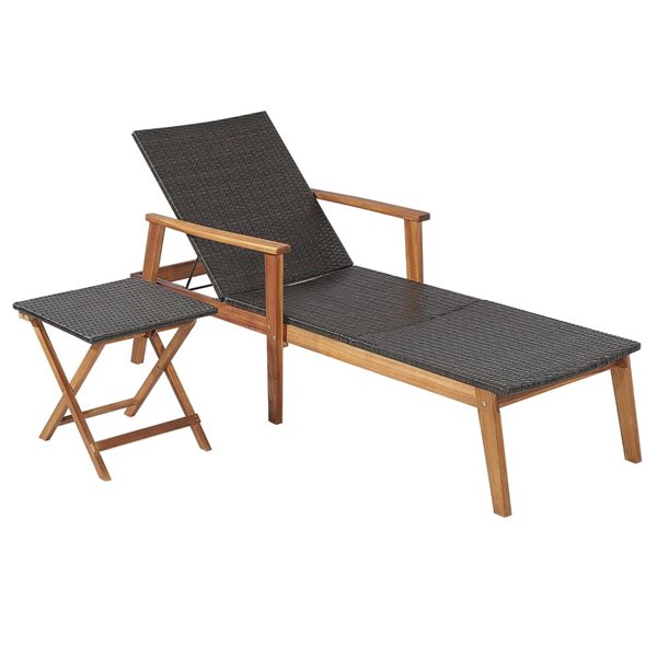 Costway 2-Piece Black Rattan Reclining Lounge Chair w/Folding Table