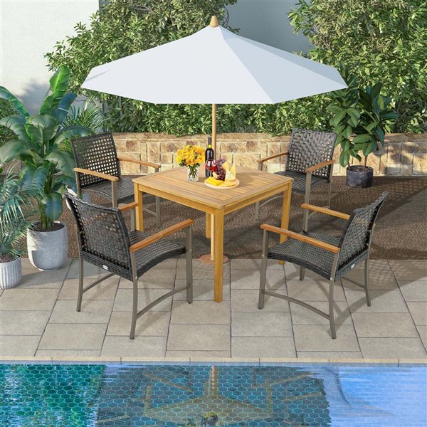 Costway 4-Piece Patio Wicker Dining Chairs w/ Acacia Wood Armrests