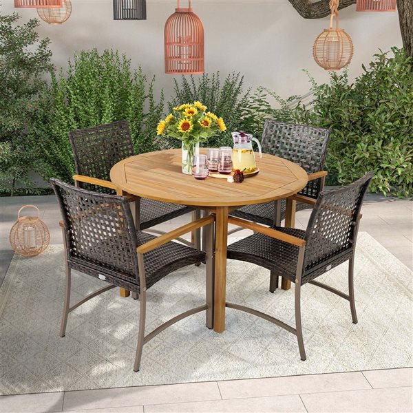 Costway 4-Piece Patio Wicker Dining Chairs w/ Acacia Wood Armrests