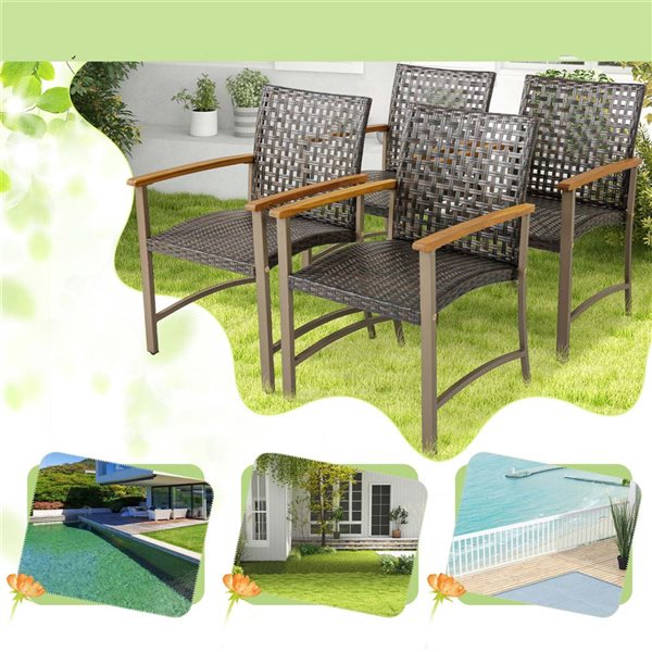 Costway 4-Piece Patio Wicker Dining Chairs w/ Acacia Wood Armrests