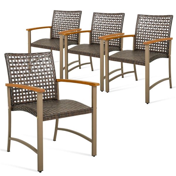 Costway 4-Piece Patio Wicker Dining Chairs w/ Acacia Wood Armrests