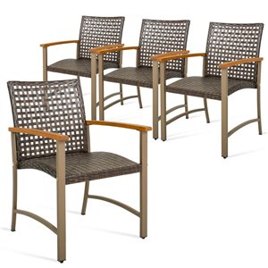 Costway 4-Piece Patio Wicker Dining Chairs w/ Acacia Wood Armrests