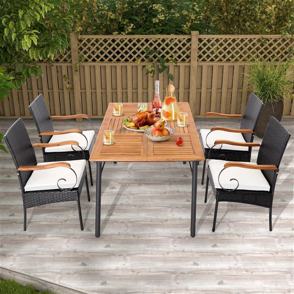 Costway 4-Piece Patio PE Wicker Chairs w/ Acacia Wood Armrests and Soft Zippered White Cushion