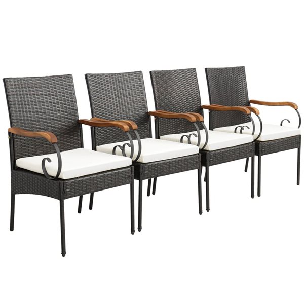 Costway 4-Piece Patio PE Wicker Chairs w/ Acacia Wood Armrests and Soft Zippered White Cushion