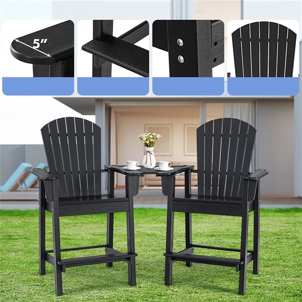 Costway 2-Piece Black Tall Adirondack HDPE Barstools w/ Connecting Tray