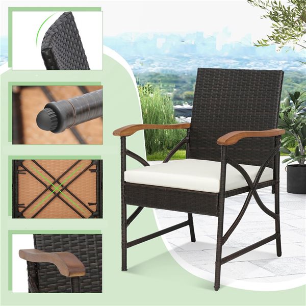Costway 4-Piece Black PE Wicker Chairs and Acacia Wood Armrests with Soft Zippered White Cushion