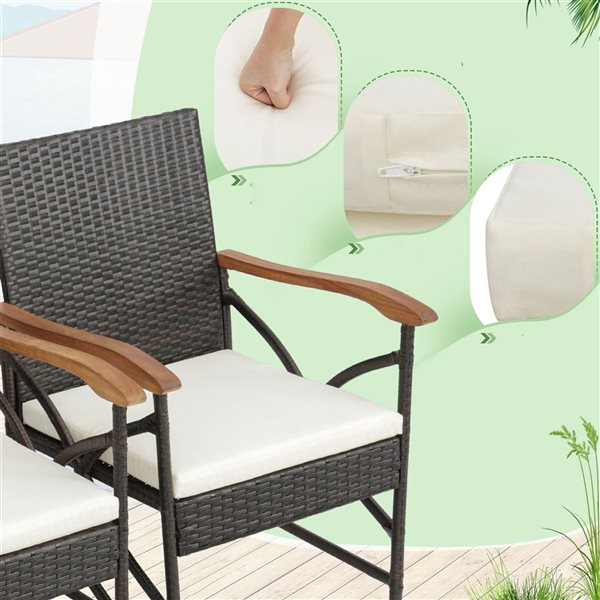 Costway 4-Piece Black PE Wicker Chairs and Acacia Wood Armrests with Soft Zippered White Cushion