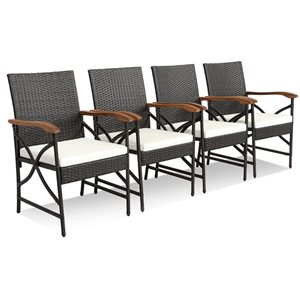 Costway 4-Piece Black PE Wicker Chairs and Acacia Wood Armrests with Soft Zippered White Cushion