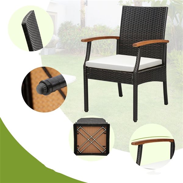 Costway 4-Piece Black PE Wicker Chairs and Acacia Wood Armrests with Soft Zippered White Cushion