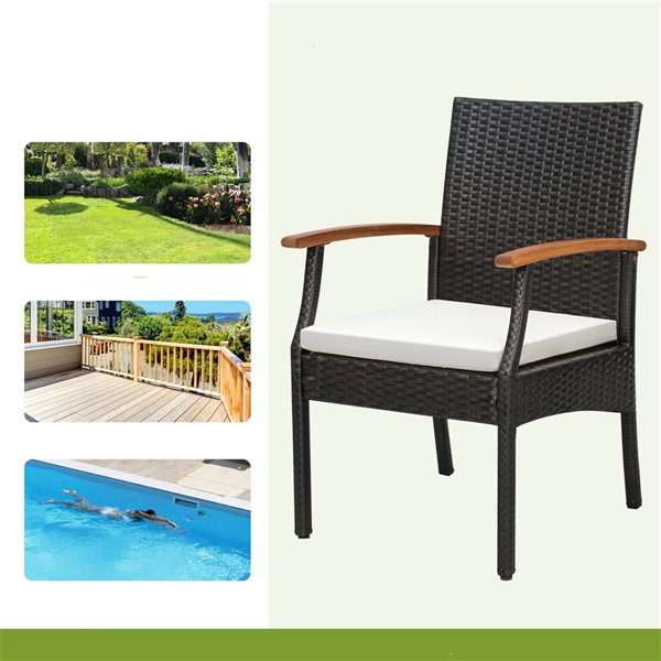 Costway 4-Piece Black PE Wicker Chairs and Acacia Wood Armrests with Soft Zippered White Cushion