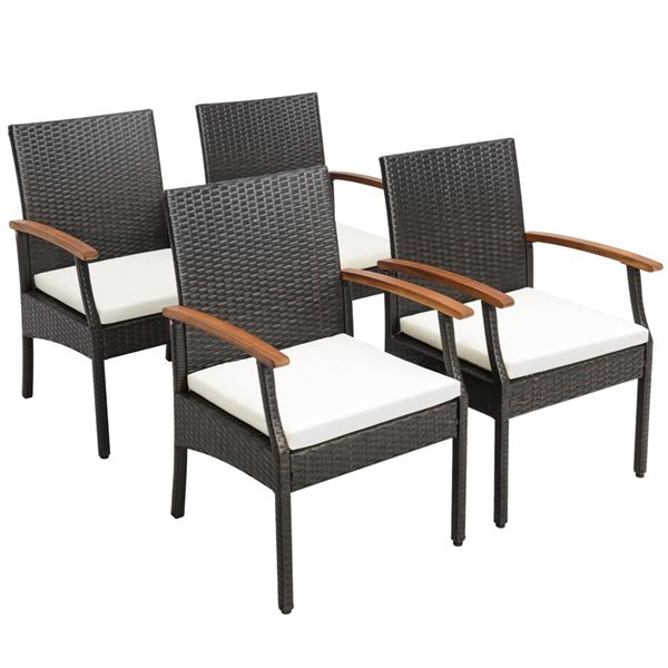 Costway 4-Piece Black PE Wicker Chairs and Acacia Wood Armrests with Soft Zippered White Cushion