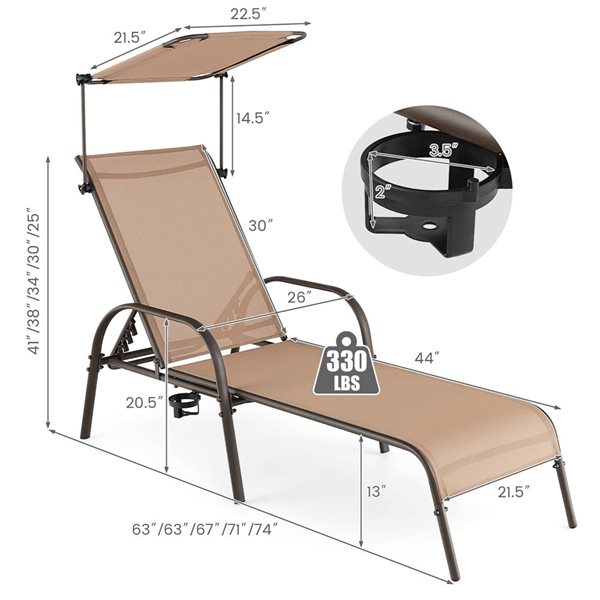 Costway Patio 5- Level Heavy-Duty Reclining Chaise Lounge w/ Canopy Cup