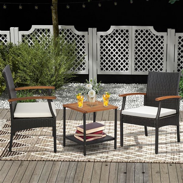 Costway 2-Piece Black PE Wicker Chairs and Acacia Wood Armrests with Soft Zippered White Cushion