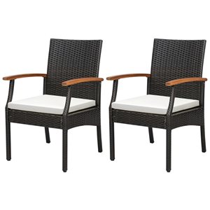 Costway 2-Piece Black PE Wicker Chairs and Acacia Wood Armrests with Soft Zippered White Cushion