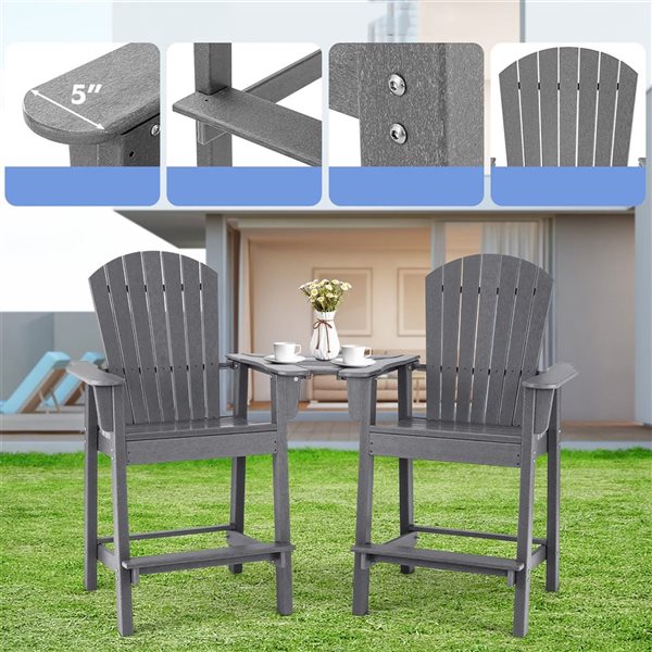 Costway 2-Piece Gray Adirondack Barstools w/ Connecting Tray