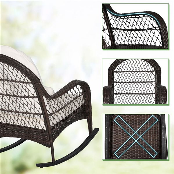 Costway Patio Wicker Rocking Chair w/ Off-White Cushions & Lumbar Pillow