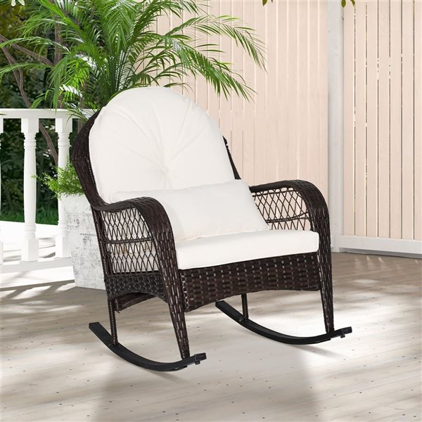 Costway Patio Wicker Rocking Chair w/ Off-White Cushions & Lumbar Pillow