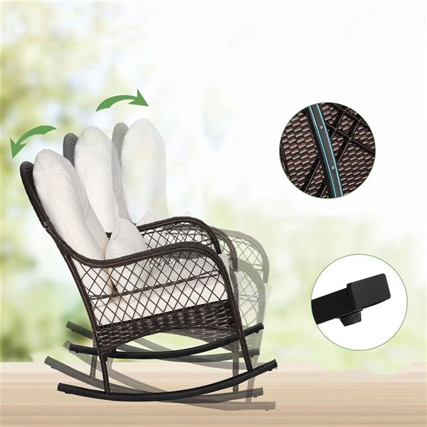 Costway Patio Wicker Rocking Chair w/ Off-White Cushions & Lumbar Pillow