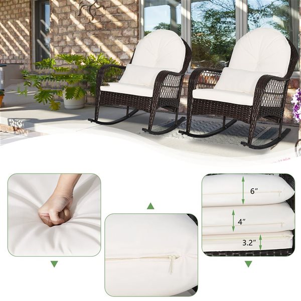 Costway Patio Wicker Rocking Chair w/ Off-White Cushions & Lumbar Pillow