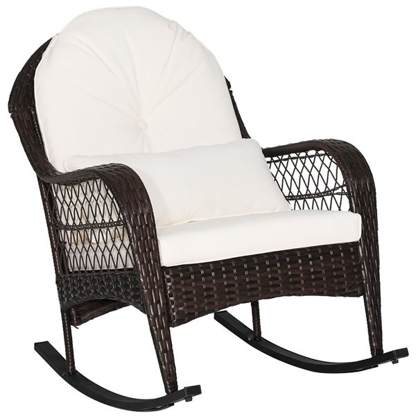 Costway Patio Wicker Rocking Chair w/ Off-White Cushions & Lumbar Pillow