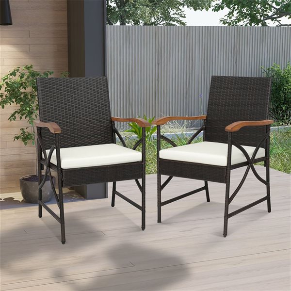 Costway 2-Piece Black Wicker Dining Chairs with Soft Zippered White Cushions