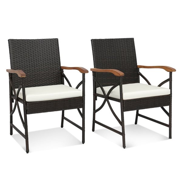 Costway 2-Piece Black Wicker Dining Chairs with Soft Zippered White Cushions