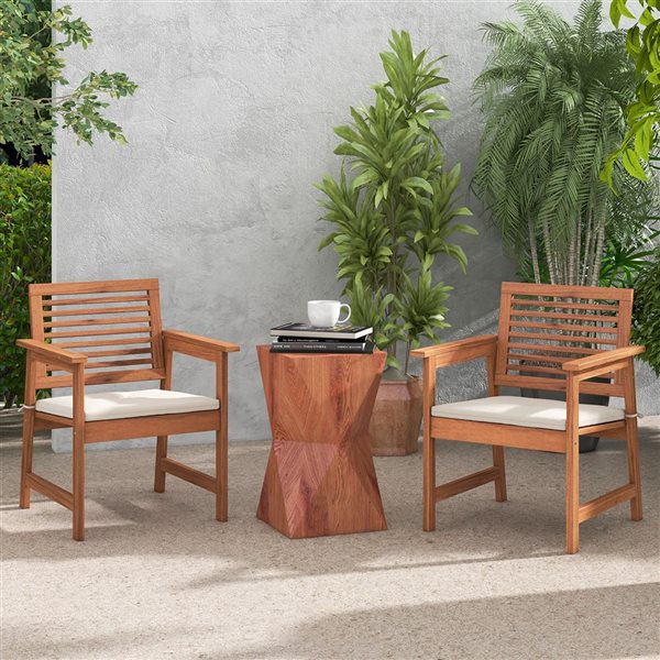 Costway 2-Piece Wood Patio Dining Chair w/ Off-White Cushion