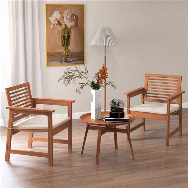 Costway 2-Piece Wood Patio Dining Chair w/ Off-White Cushion