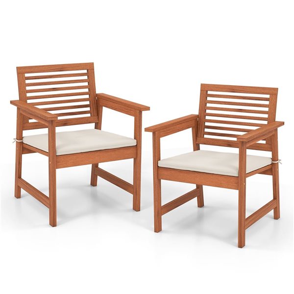 Costway 2-Piece Wood Patio Dining Chair w/ Off-White Cushion