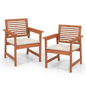 Costway 2-Piece Wood Patio Dining Chair w/ Off-White Cushion