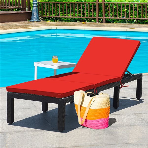 Costway Patio Rattan Reclining Lounge Chaise w/ Red or White Cover