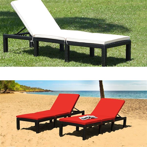 Costway Patio Rattan Reclining Lounge Chaise w/ Red or White Cover