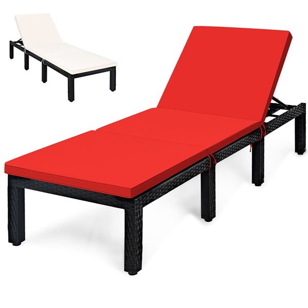 Costway Patio Rattan Reclining Lounge Chaise w/ Red or White Cover