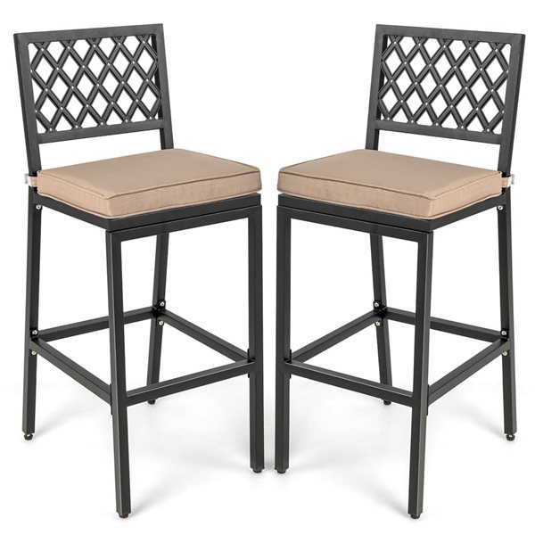 Costway 2-Piece Patio Metal Bar Stools with Beige Cushion