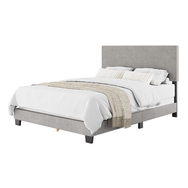 Cadre de grand lit moderne Nova en tissu avec tête de lit par Brentwood Valley Designs, gris pâle