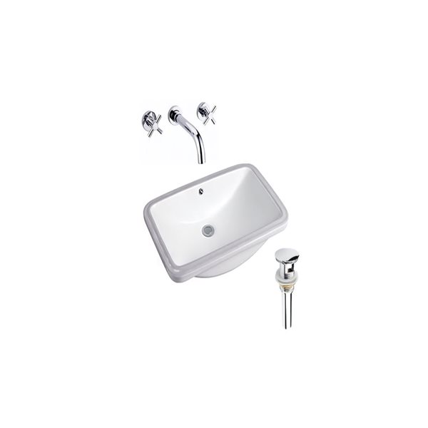 DROP Bath and Kitchen 23.6-in W Rectangle Ceramic Bathroom Undermount Sink Set in White with Chrome Faucet and Drain