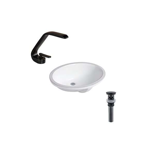 Ensemble lavabo ovale en céramique DROP Bath and Kitchen sous plan 21,7 x 16,1 po, blanc à bonde et robinet noirs