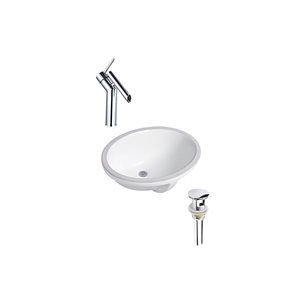 DROP Bath and Kitchen 21.7 x 16.1-in Oval Undermount Ceramic Bathroom Sink Set in White with Chrome Faucet and Drain