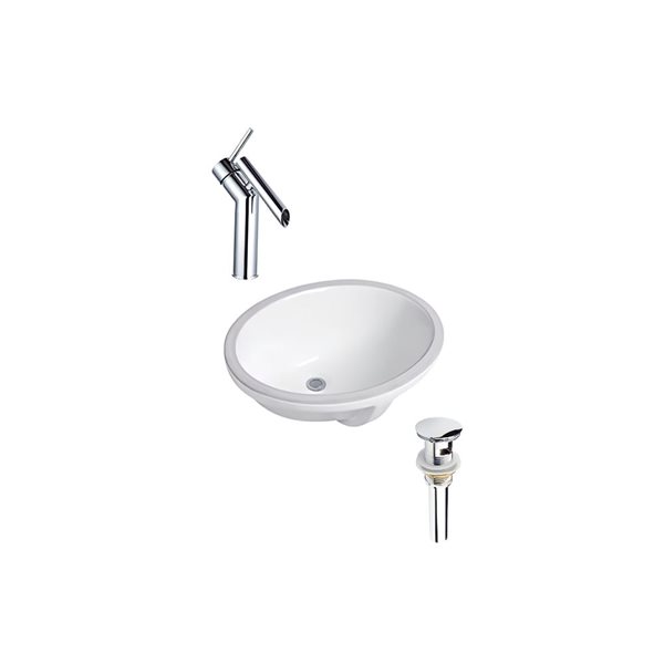 Ensemble lavabo ovale en céramique DROP Bath and Kitchen blanc sous plan 21,7 x 16,1 po, à bonde et robinet chromés