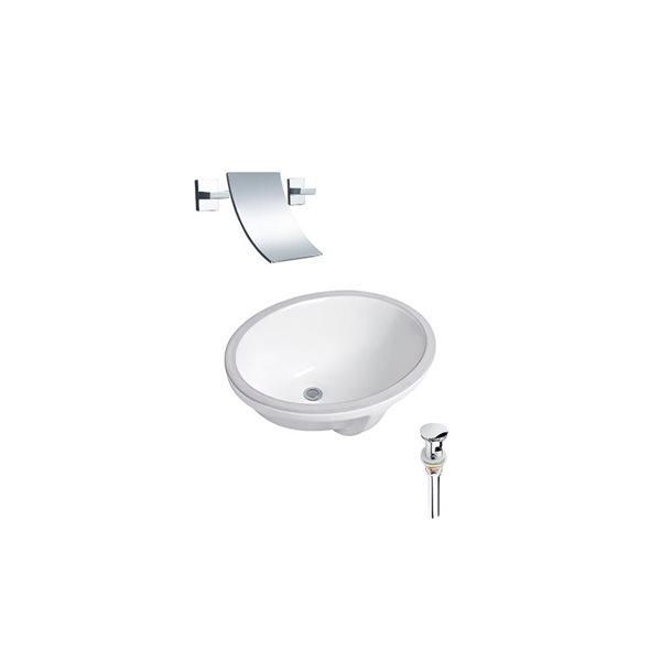 Ensemble lavabo ovale en céramique DROP Bath and Kitchen sous plan 21,7 x 16,1 po, blanc à bonde et robinet chromés