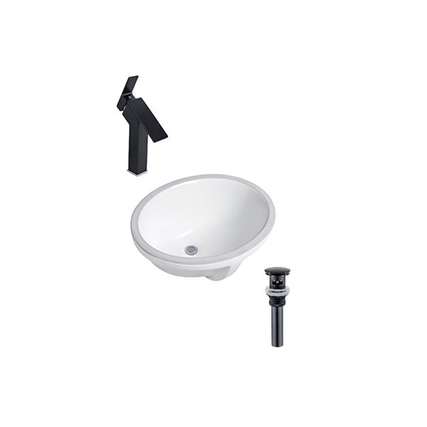 Ensemble lavabo ovale en céramique DROP Bath and Kitchen blanc sous plan 21,7 x 16,1 po, à bonde et robinet noirs