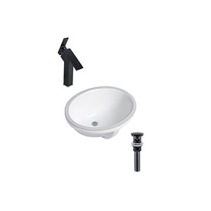 Ensemble lavabo ovale en céramique DROP Bath and Kitchen blanc sous plan 21,7 x 16,1 po, à bonde et robinet noirs