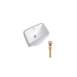 DROP Bath and Kitchen 23.6-in W Rectangular Ceramic Bathroom Undermount Sink Set in White with Gold Drain